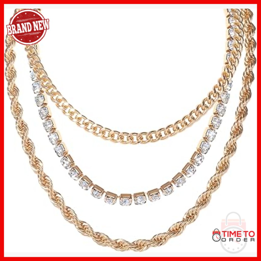 Gold-Tone Layered Necklace Set With Clear Crystals, 3 Adjustable Lengths